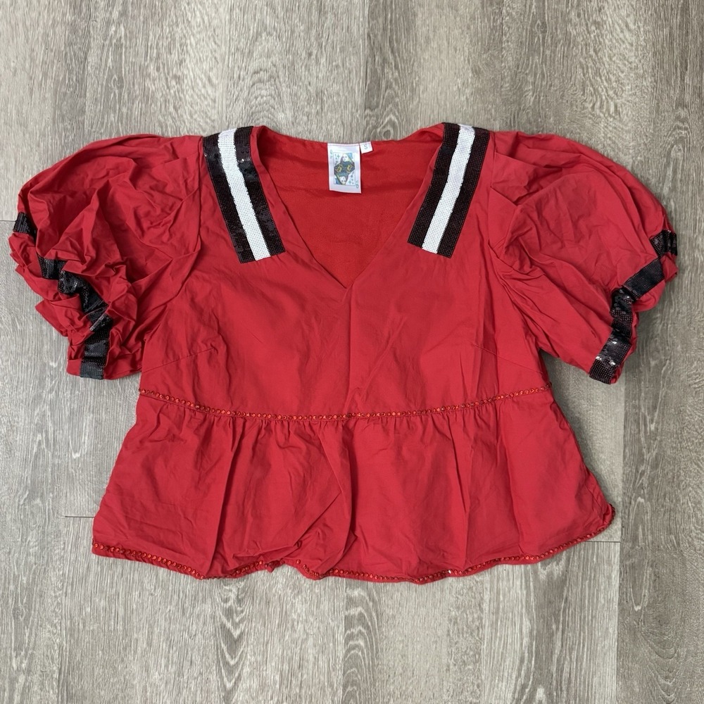 Queen Of Sparkles Peplum Jersey Sequins Red Black Women's Small Puff Sleeves - Picture 2 of 5